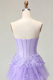 Sparkly Purple A Line Corset Strapless Long Prom Dress with Butterflies