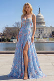 Floral Blue Spaghetti Straps A Line Long Corset Prom Dress with Slit