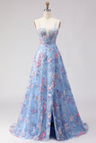 Floral Blue Spaghetti Straps A Line Long Corset Prom Dress with Slit