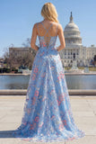 Floral Blue Spaghetti Straps A Line Long Corset Prom Dress with Slit