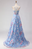 Floral Blue Spaghetti Straps A Line Long Corset Prom Dress with Slit