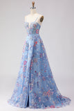 Floral Blue Spaghetti Straps A Line Long Corset Prom Dress with Slit