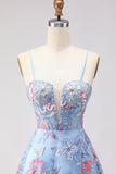 Floral Blue Spaghetti Straps A Line Long Corset Prom Dress with Slit