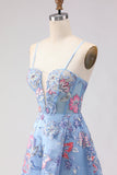 Floral Blue Spaghetti Straps A Line Long Corset Prom Dress with Slit