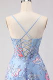 Floral Blue Spaghetti Straps A Line Long Corset Prom Dress with Slit
