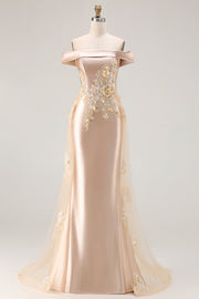Champagne Mermaid Long Off the Shoulder Prom Dress with Appliques