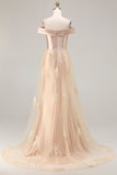 Champagne Mermaid Long Off the Shoulder Prom Dress with Appliques