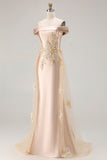 Champagne Mermaid Long Off the Shoulder Prom Dress with Appliques