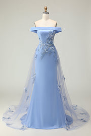 Grey Blue Mermaid Off the Shoulder Long Prom Dress