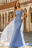 Sparkly Grey Blue Beaded Mermaid Floral Long Prom Dress with Cape