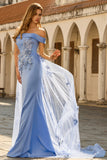 Sparkly Grey Blue Beaded Mermaid Floral Long Prom Dress with Cape