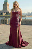Floral Burgundy Spaghetti Straps Appliqued Satin Maxi Corset Prom Dress with Slit