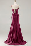 Navy Mermaid Appliqued Satin Long Corset Prom Dress with Slit