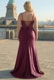 Floral Burgundy Spaghetti Straps Appliqued Satin Maxi Corset Prom Dress with Slit