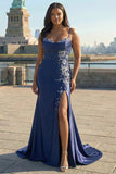 Navy Spaghetti Straps Appliqued Satin Maxi Corset Prom Dress with Slit