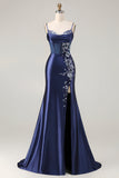 Navy Mermaid Appliqued Satin Long Corset Prom Dress with Slit
