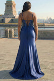 Navy Spaghetti Straps Appliqued Satin Maxi Corset Prom Dress with Slit