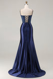 Navy Mermaid Appliqued Satin Long Corset Prom Dress with Slit