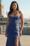 Navy Spaghetti Straps Appliqued Satin Maxi Corset Prom Dress with Slit