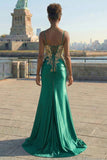 Sparkly Beaded Dark Green Plus Size Appliqued Floral Satin Long Corset Prom Dress with Slit