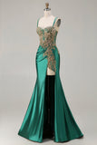 Sparkly Floral Dark Green Mermaid Satin Long Corset Prom Dress with Slit