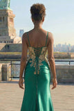 Sparkly Beaded Dark Green Plus Size Appliqued Floral Satin Long Corset Prom Dress with Slit