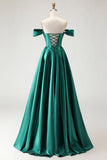 Dark Green A Line Beaded Long Corset Prom Dress with Lace up Back