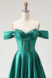 Dark Green A Line Beaded Long Corset Prom Dress with Lace up Back