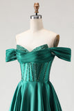 Dark Green A Line Beaded Long Corset Prom Dress with Lace up Back