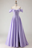 Purple Beaded Satin A Line Long Corset Prom Dress with Slit