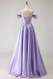Purple Beaded Satin A Line Long Corset Prom Dress with Slit