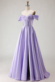 Purple Beaded Satin A Line Long Corset Prom Dress with Slit