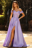 Purple Beaded Satin Ball Gown Long Corset Prom Dress with Slit