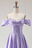 Purple Beaded Satin A Line Long Corset Prom Dress with Slit