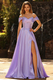 Purple Beaded Satin Ball Gown Long Corset Prom Dress with Slit