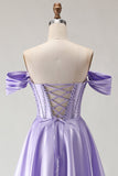 Purple Beaded Satin A Line Long Corset Prom Dress with Slit
