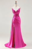 Sparkly Fuchsia Spaghetti Straps Mermaid Maxi Prom Dress with Slit