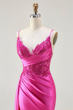 Sparkly Fuchsia Spaghetti Straps Mermaid Maxi Prom Dress with Slit