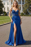 Sparkly Navy Beaded Mermaid Long Prom Dress with Side Cape