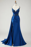 Sparkly Navy Beaded Mermaid Long Prom Dress with Side Cape