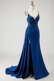 Sparkly Navy Beaded Mermaid Long Prom Dress with Side Cape