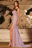 Sparkly Lilac Sequin Spaghetti Straps Maxi Prom Dress with Bows
