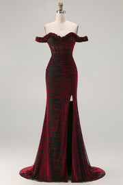 Floral Mermaid Black and Red Long Corset Prom Dress with Slit