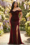 Floral Mermaid Black and Red Long Corset Prom Dress with Slit
