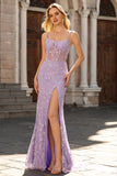Purple Floral Spaghetti Straps Long Corset Prom Dress with Slit