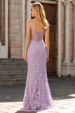 Purple Floral Spaghetti Straps Long Corset Prom Dress with Slit