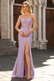 Purple Floral Spaghetti Straps Long Corset Prom Dress with Slit