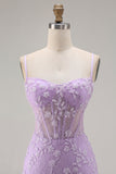 Floral Purple Corset Appliqued Mermaid Long Prom Dress with Slit