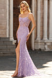 Purple Floral Spaghetti Straps Long Corset Prom Dress with Slit