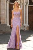 Purple Floral Spaghetti Straps Long Corset Prom Dress with Slit